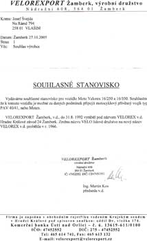 Souhlasn stanovisko vydan firmou Velorexport amberk.